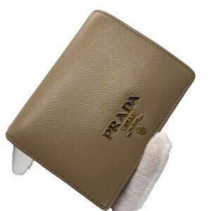 Authentic PRADA Saffiano Leather Bifold Wallet Beige Logo Italy made